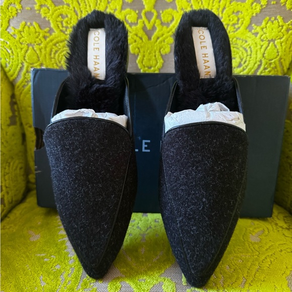 New Cole Haan Piper Faux Fur Lined Mules Black Wool Size 8 $150 - Picture 3 of 6